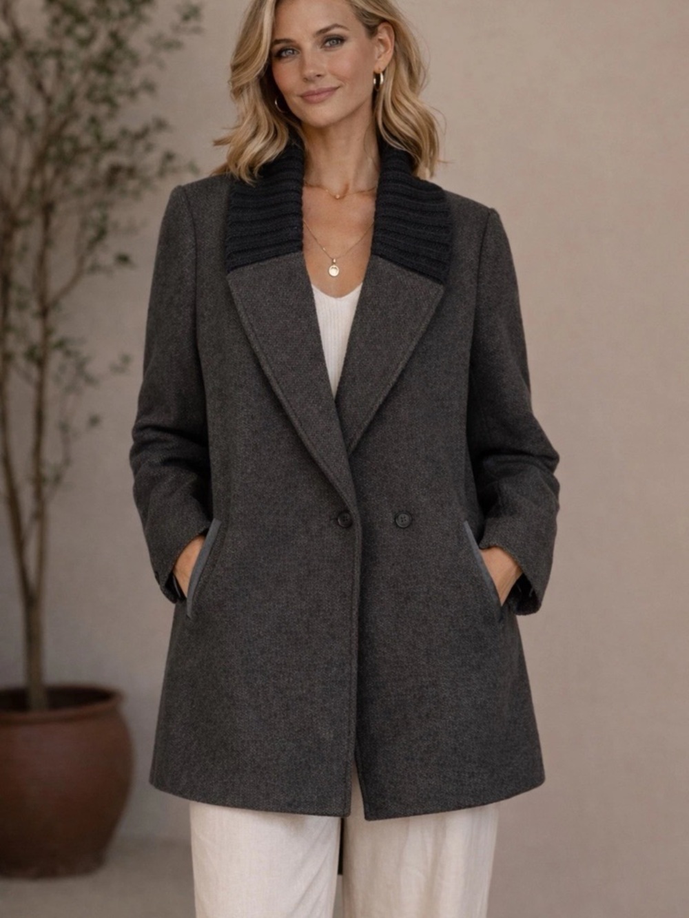 Theory Charcoal Gray Wool Blend Button Collared Overcoat Women Mid-Length M